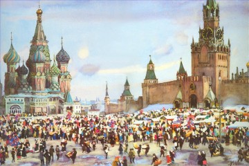 Landscapes Painting - palm sunday bazaar on red square 1916 Konstantin Yuon cityscape city scenes